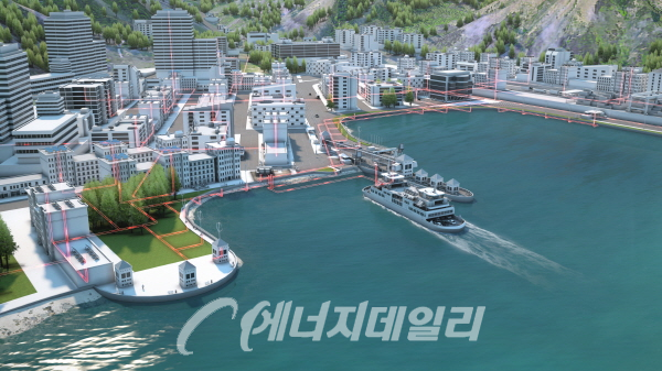 항구에서의 페리선의 오염물질 배출과 소음 공해를 줄이는 데 육상전력 연결 기술이 도움이 되고 있다.